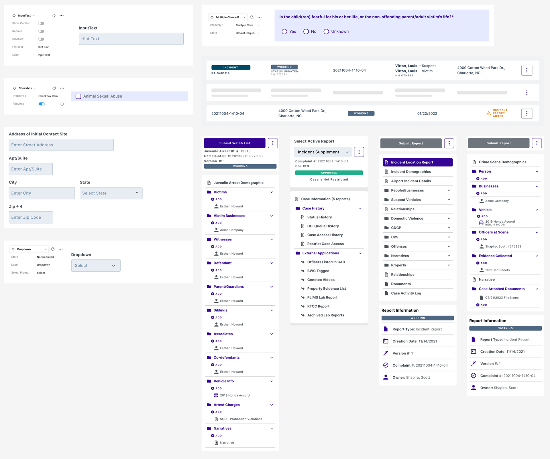 The custom design system: base input components on the left, composed into report navigation, incident cards, case-history panels, and report-information blocks on the right.